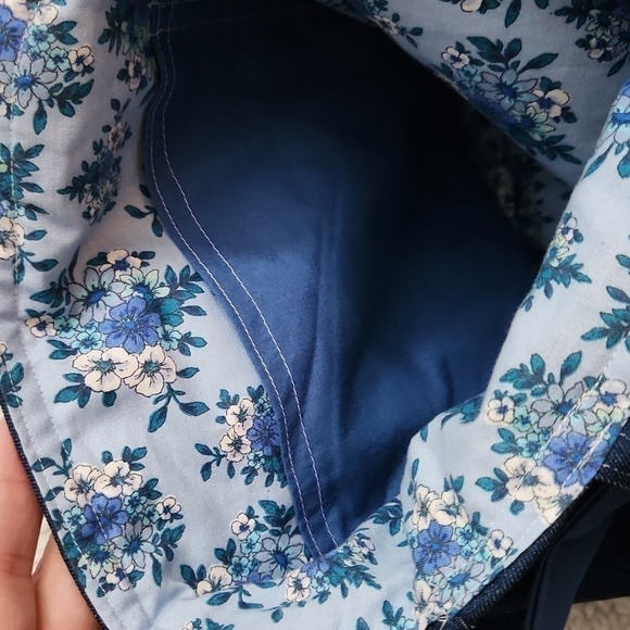 Double sided Handmade Denim Tote Spring Floral Pocket and Blue Bow Bird Artsy - Picture 8 of 10